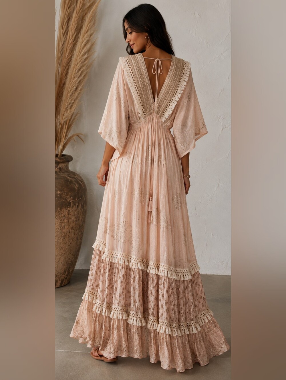 NWOT Zury Boho Paisley Maxi Dress Pink Metallic Lurex Tassel Free Size - Picture 6 of 12